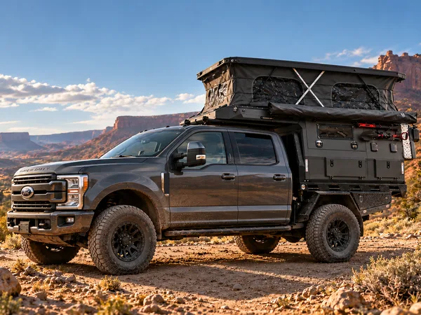 Dark grey Ford Super Duty crew cab with a SUNHOMEE tray-mount camper, pop-up roof raised, desert canyon
