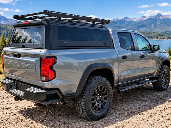 Aluminium ute canopy with roof rack on a grey midsize ute, rear three-quarter view