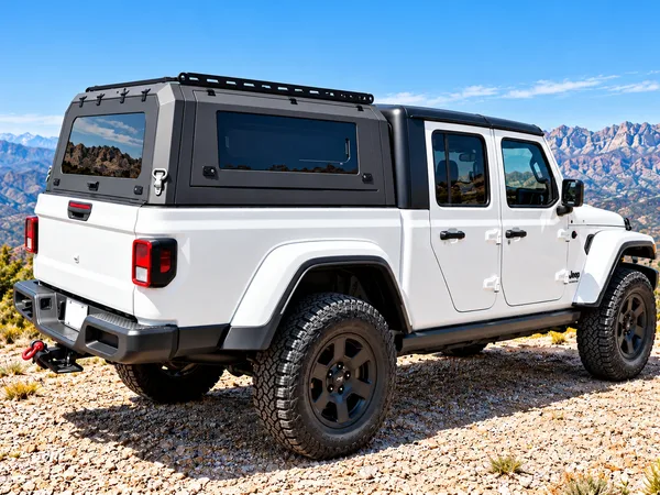 Aluminium ute canopy on a white Jeep Gladiator in the mountains