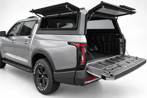 Aluminium ute canopy with all three doors open — rear and both side doors