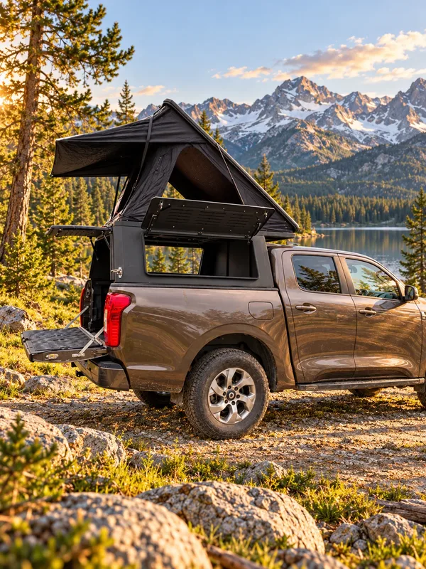 Integrated pop-up canopy with tailgate and side door open, mountain lake