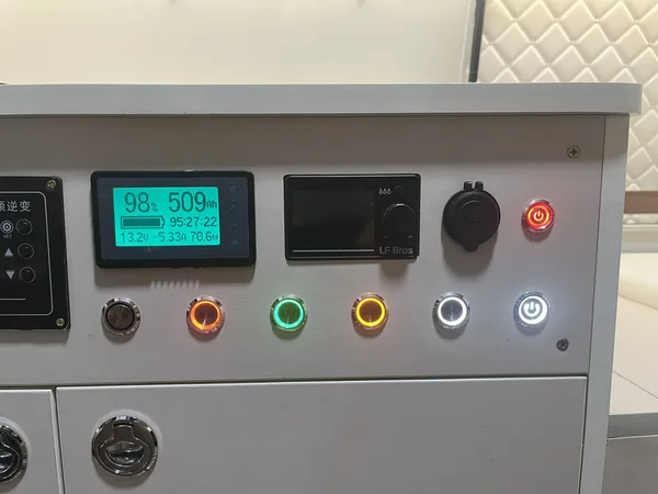 Camper control panel with battery monitor and switches