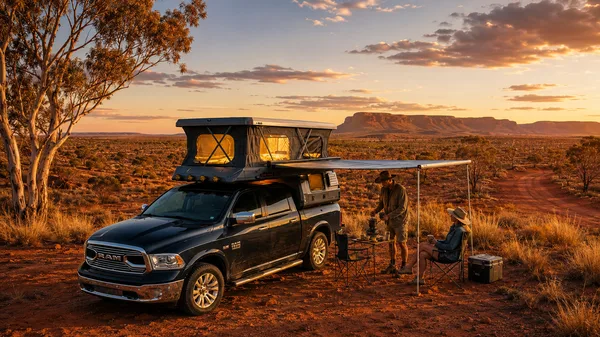 Slide-in camper with awning on a pickup at golden hour