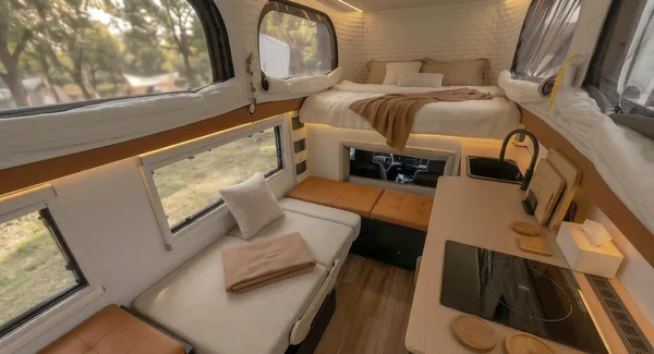 Slide-in camper interior — dinette, kitchen and cabover bed with panoramic windows