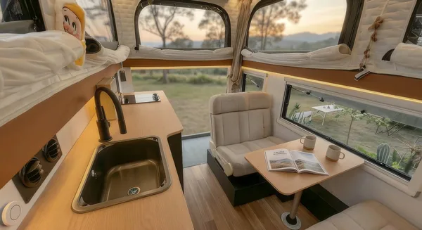 Camper kitchen with sink and worktop below the cabover bed