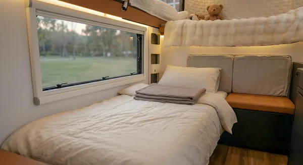 Lower bed made up inside the slide-in camper