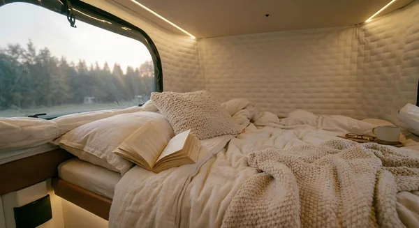 Upper cabover bed with soft bedding and window