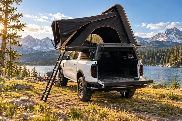 Stealth pop-up canopy open by a mountain lake, ladder down