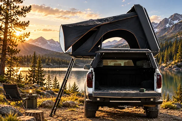 Stealth pop-up canopy open at sunset, rear view of the free ute tub