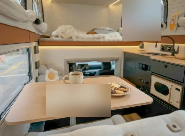 Camper interior with dinette table and bed in the pop-up roof