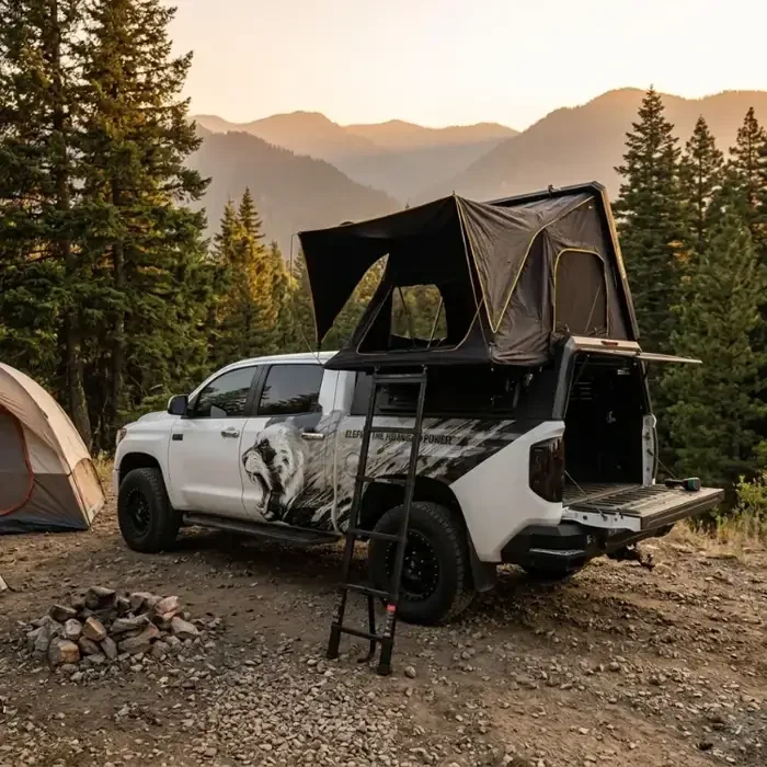 Pop-Up Canopy at camp — bed below, tent above.
